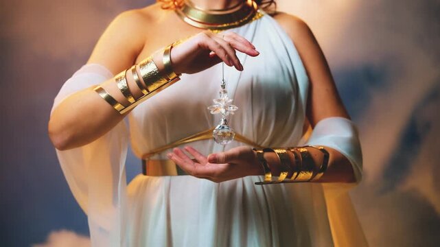 Close up hands holding crystal drop magic glass ball fantasy beauty woman goddess in white clouds sky heaven divine sun light smoke, silhouette fairy angel girl in greek style dress, golden jewelry 4k