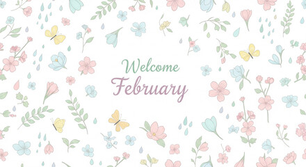 February Welcome Watercolor Illustration with Butterflies and Floral Border