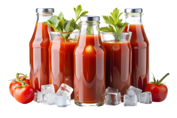 Refreshing tomato juice served chilled in bottles and glasses with fresh celery and ice