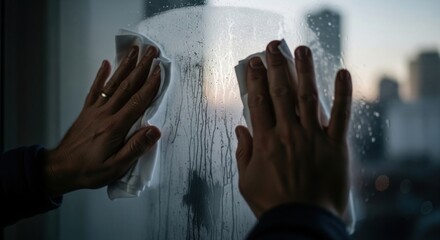 Cleaning a window with a cloth to reveal an urban landscape beyond the glass revealing more details