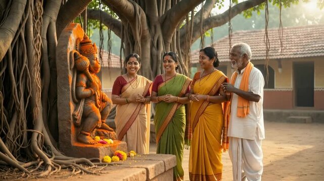 An Indian family gathers near a temple in traditional clothing, sharing a moment of devotion and cultural togetherness.