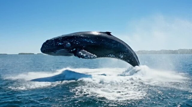A humpback whale breaches the ocean surface in a stunning display of power and beauty in this video.