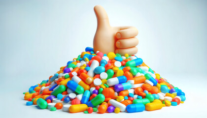3D Cartoon Hand Reaching Out From a Large Pile of Colorful Pills and Tablets