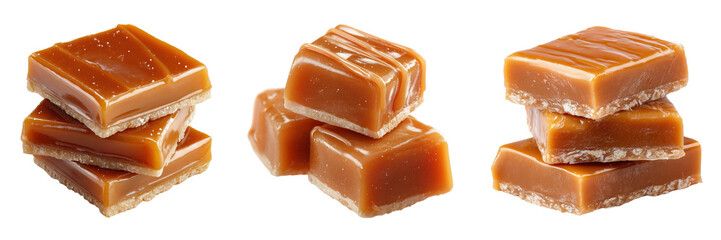 Caramel candy squares stacked isolated on a transparent background