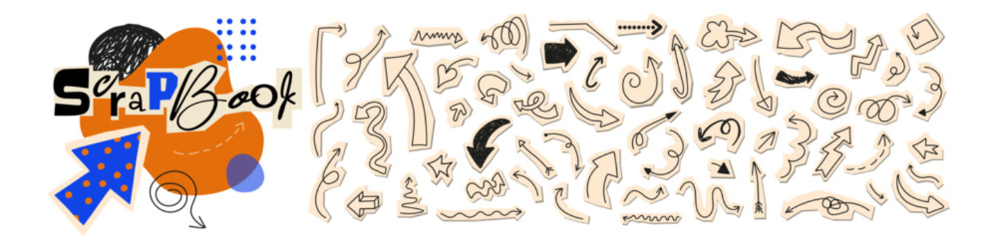 Vector arrows collection, hand drawn doodle elements. Paper cutout style for digital collage and scrapbooking. Grunge textured pointers, funky graphic design assets.