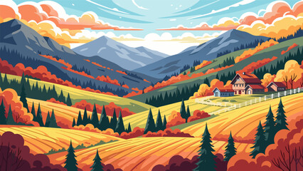Beautiful autumn landscape vector illustration depicting rolling hills, farmland, and mountains under a colorful sky