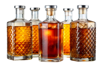 A diverse collection of premium amber spirits in elegant textured glass bottles, ready for enjoyment.
