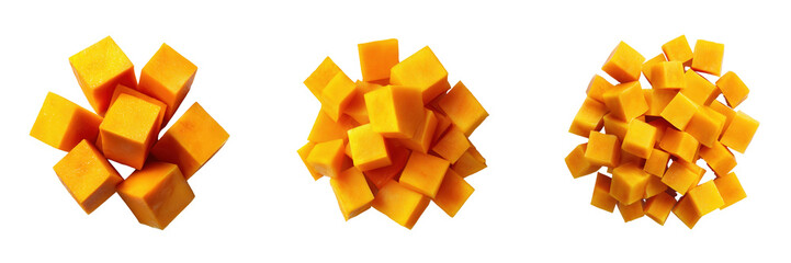 Diced orange squash cubes isolated on a transparent background
