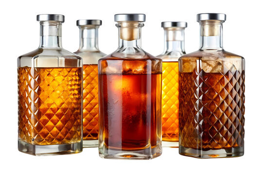 A diverse collection of premium amber spirits in elegant textured glass bottles, ready for enjoyment.