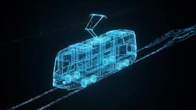 A digital blueprint of a trolley on rails viewed from a slightly elevated angle against a dark background