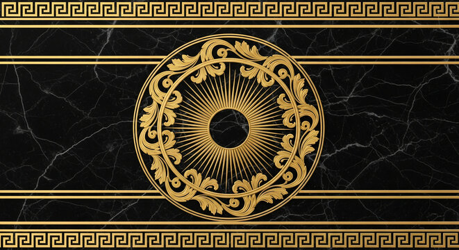 Black marble background with gold Greek key border and ornate central medallion, showcasing luxury, elegance and classic design, ideal for premium branding or decor - Powered by Adobe
