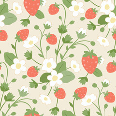 Seamless strawberry pattern with flat hand-drawn berries, leaves, and white flowers on soft pastel background. Colorful vector design for fabric, packaging, wallpaper, or cards, textile