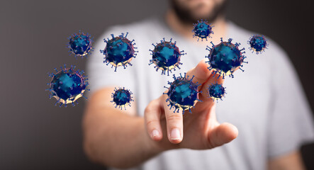 Abstract conceptual image of a hand touching and interacting with floating virus particles, representing healt