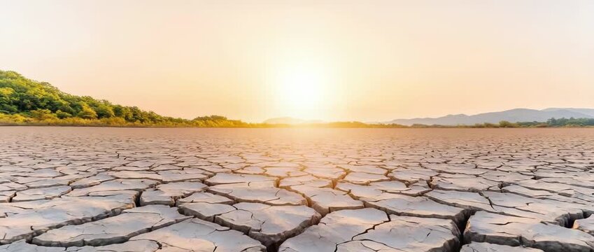 Dramatic Sunset Over Cracked Dry Earth Drought Landscape Arid Land Environmental Crisis