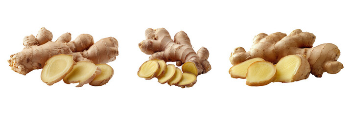 Ginger root slices and whole rhizomes isolated on a transparent background