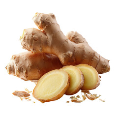 Fresh Ginger Roots and Slices isolated on a transparent background