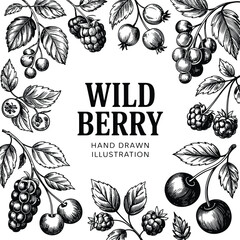 Wild berry drawing, artistic hand drawn vintage vector frame with assorted summer berries such as strawberry cranberry and cherry, classic botanical fruit illustration for food labels, recipe books, m © Raymond L. Berry