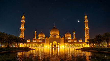 Golden Mosque shines brightly at night, creating a captivating and sparkling scene.