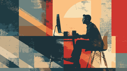 Abstract Productivity: Modern Geometric Illustration of a Tech Employee at a Minimalist Desk