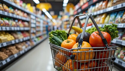 Produce in a shopping basket and grocery prices on the rise indicate food inflation and growing costs for consumers worldwide.