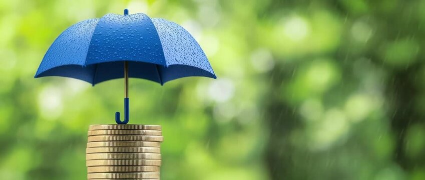Blue Umbrella Protecting Stack of Coins from Rain Nature Background Financial Security Concept