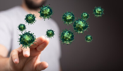 Close-up of a hand reaching towards digitally rendered Coronavirus particles. Illustrative concept for the pan