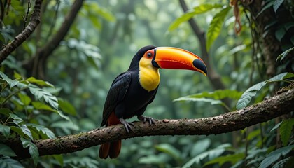 In a rainforest, a Toco toucan perches on a tree branch. The large bird has a vivid orange red beak, a yellow neck, and a black body. An untamed animal in a jungle setting