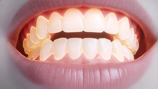 Closeup of a persons mouth with glowing teeth and clear aligners representing dental health and orthodontic treatment.