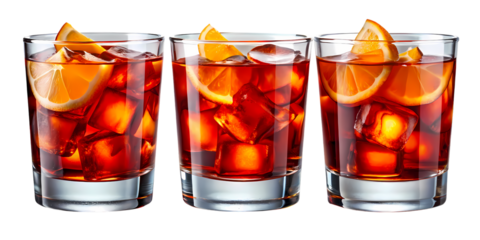 Three refreshing negroni cocktails with ice and orange slices on a dark background