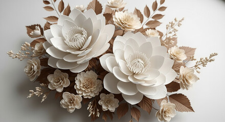 White and beige paper flowers bouquet, arranged artfully, creating elegant and sophisticated design, ideal for decoration or branding