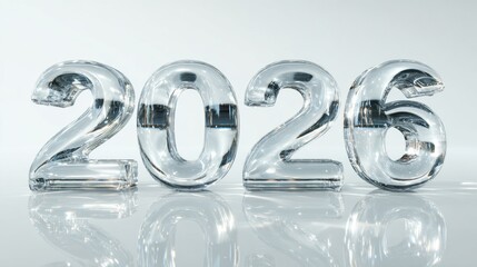 Clear glass numbers show the year 2026 on a white background with reflections during daylight