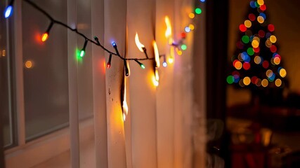 Sequence of string lights burning curtains near a blurred Christmas tree in a room, illustrating fire safety