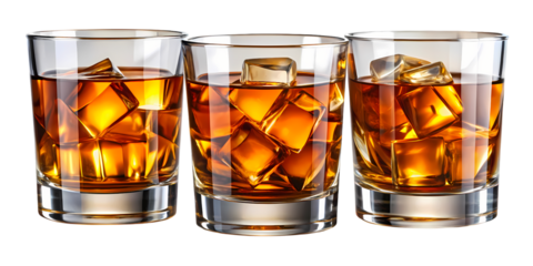 Three glasses of golden whiskey with ice cubes, a classic alcoholic beverage