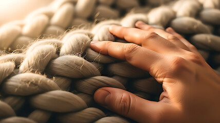 A human hand gently touches the soft, chunky knit texture of a cozy wool blanket in warm light.