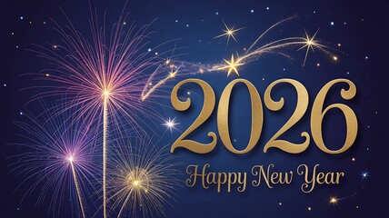 Sparkling 2026 Happy New Year Greeting Card with Fireworks and Stars