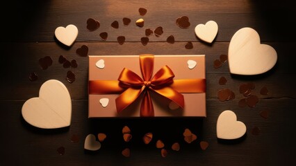 Elegant gift box with hearts and chocolate on wooden background for valentine's day
