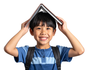 Digital png photo of happy caucasian boy with notebook on head, smiling on transparen  