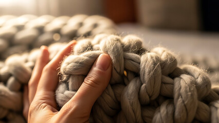 A hand gently touches the thick, soft texture of a chunky knit wool blanket.