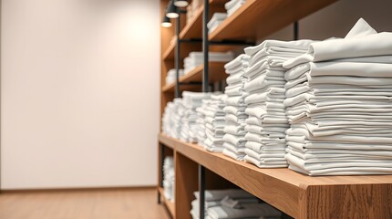 stacked plain t shirts on wooden shelves in clothing store with copy space