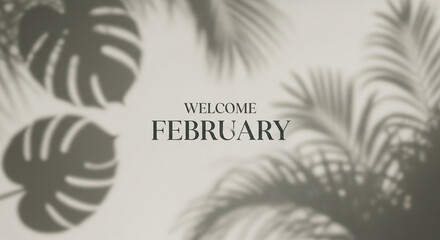 Welcome February Greeting Card with Zebra Stripes and Palm Leaves in Soft Monochrome