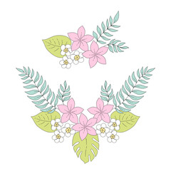 Pastel Tropical Jungle Leaves Monstera Hibiscus Floral Composition Illustration Set for Retro Boho Exotic Summer Design © AngellozOlga