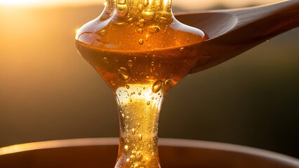 Golden, viscous honey slowly drips from a wooden spoon against a warm, sunlit background.