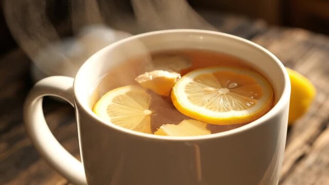 A steaming mug of lemon tea with slices of lemon and ginger on a wooden table in a cozy video setting.