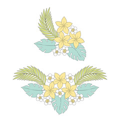 Pastel Tropical Jungle Leaves Monstera Hibiscus Floral Composition Illustration Set for Retro Boho Exotic Summer Design © AngellozOlga