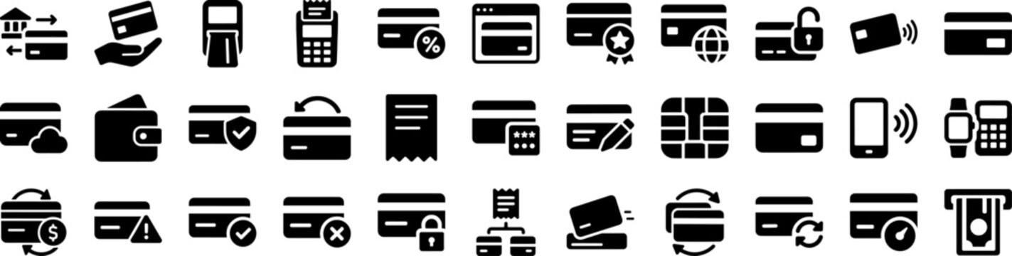 Comprehensive Payment and Credit Card Glyph Icon Set Featuring Banking Transactions Finance Security and Digital Wallet Concepts for Modern UI Design