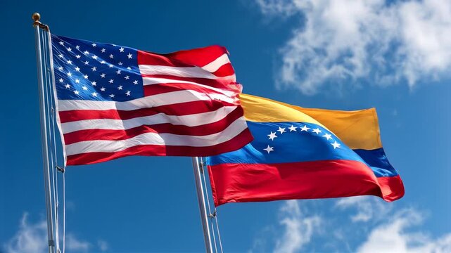 usa flag waving next to venezuela flag in blue sky