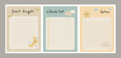 A set of cute vertical pages for a diary or notebook. Vertical format. Various designs with stars, rainbows, and clouds.