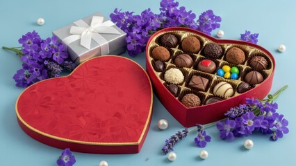 Heart-shaped box of chocolates surrounded by purple flowers and a gift box for valentine's day