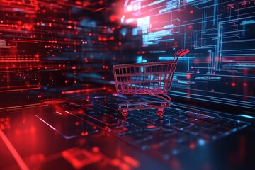 Digital Shopping Cart on Keyboard in Futuristic Abstract Setting