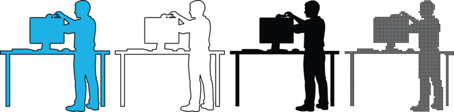 Man setting up or adjusting a computer monitor a desk, shown in four different styles solid blue, outline, solid black silhouette, and halftone pattern